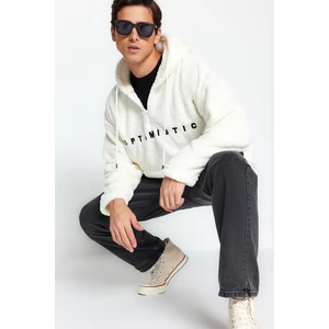 Trendyol Ecru Men's Oversize Half-Zip Hooded Plush Sweatshirt with Drawcord Detail.