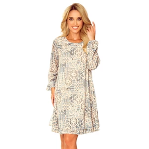 319-2 HANNAH chiffon dress with a neckline on the back - beige and blue BOHO pattern