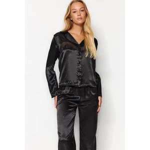 Trendyol Black Satin With Mesh Detail On The Chest Shirt-Pants Weave Pajamas Set