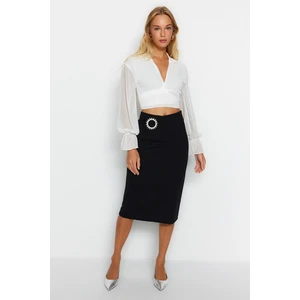 Trendyol Black Buckle Detailed Crepe Midi Knitted Skirt