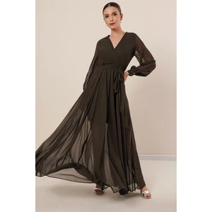 By Saygı Double Breasted Neck Long Sleeves Lined Chiffon Long Dress Khaki