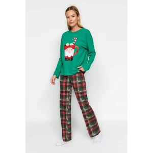 Trendyol Green 100% Cotton Christmas Theme Tshirt-Pants and Knitted Pajamas Set