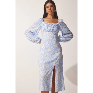 Happiness İstanbul Women's Light Blue Patterned Viscose Woven Dress