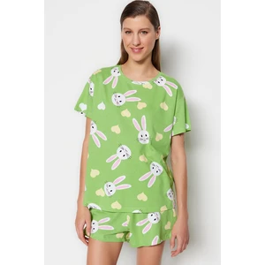 Trendyol Green 100% Cotton Heart Rabbit Pattern T-shirt-Shorts Knitted Pajamas Set