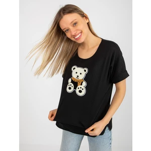 Black ribbed oversize blouse with teddy bear