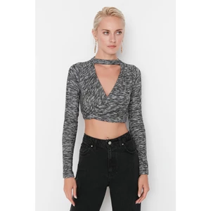 Trendyol Black Choker Collar, Soft Crop Knitted Blouse