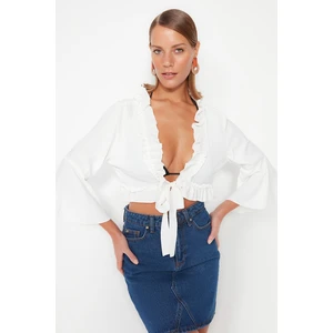 Trendyol Ecru Crop Woven Frilly Blouse