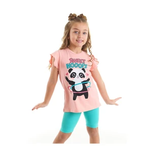 Denokids Hula-Hop Panda Girl Child Pink T-shirt, Blue Leggings Set.