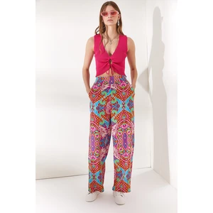 Olalook Women's Fuchsia Baby Blue Viscose Viscose Trousers with a Thick Waist Band and Pockets