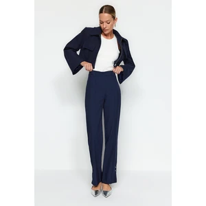 Trendyol Navy Straight/Straight Fit Woven Cuff Loop Detail Ribbed Trousers