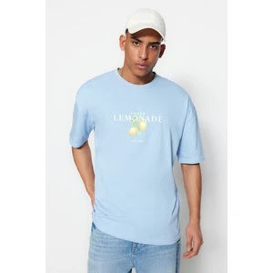 Trendyol Light Blue Unisex Oversize/Wide Cut Crew Neck rövid ujjú mintás póló