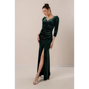 By Saygı Pleated Slit Long Velvet Dress