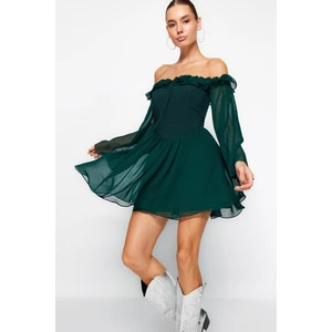 Trendyol Emerald Green Open Waist/Skater Lined Flounce Chiffon Elegant Evening Dress