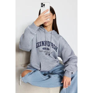 Trendyol Gray Fleece City Printed Oversize/Wide Fit Hooded Knitted Sweatshirt