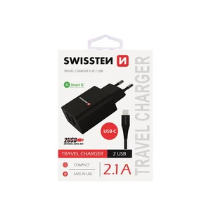 Töltő Swissten Smart IC 2.1A s 2 USB konektorral és adatkábellel USB/Typ C, 1,2m, fekete