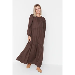 Trendyol Brown Ruffle Detailed Crew Neck Poplin Woven Dress