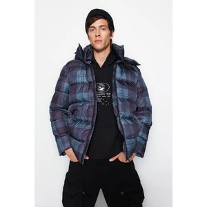 Trendyol Navy Blue Men's Oversized Plaid Print Winter Coat with Detachable Hood, Water/Wind Resistant.