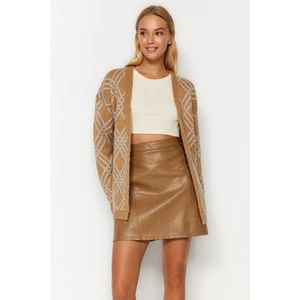 Trendyol Camel oversize midi soft textúrovaný vzorovaný úplet kardigán