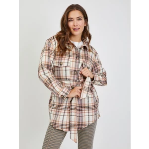 Pink-cream ladies plaid shirt jacket with tie ORSAY - Ladies