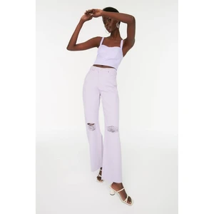 Trendyol Lilac Ripped Detailed High Waist Wide Leg Jeans