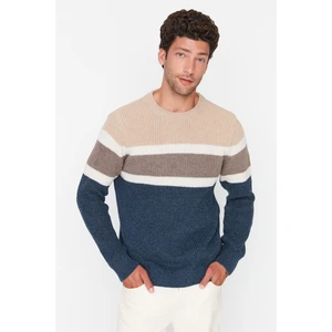 Trendyol Beige Men's Slim Fit Crew Neck Paneled Knitwear Sweater