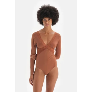 Dagi Brown Lace Detailed String Form Micro Bodysuit