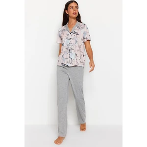 Trendyol Gray Floral Detailed Knitted Pajama Set