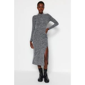 Trendyol Anthracite Crew Neck Fluffy Midi Slit and Gathered Detail Fitted Knitted Dress