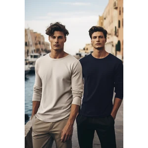 Trendyol Navy Blue-Beige Men's Pack of 2 100% Cotton Long Sleeve Regular/Normal Cut Basic T-Shirt