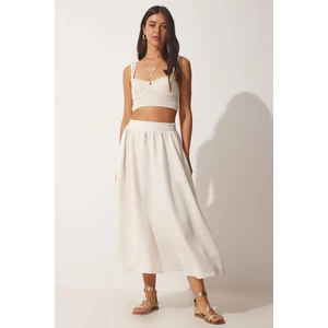 Happiness İstanbul Women's Cream Pocket Linen Flared Skirt