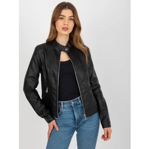 Women's black motorcycle jacket made of artificial leather with stitching