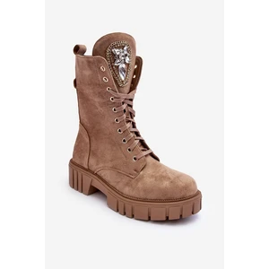 Suede work ankle boots with jewelry decoration, dark beige Marx