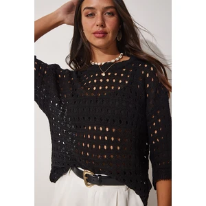 Happiness İstanbul Women's Black Crew Neck Openwork Summer Knitwear Blouse