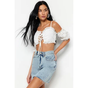 Trendyol White Crop Woven Ruffled 100% Cotton Blouse