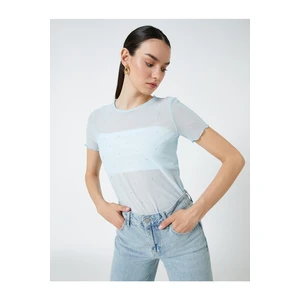 Koton See-through T-shirt with Stone Detailed Short Sleeves.