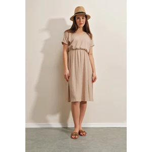 Bigdart 2378 V-Neck Knitted Dress with Slits - Biscuit