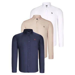 TRIPLE SET G725 DEWBERRY MENS SHIRT-NAVY BLUE-WHITE-BEIGE