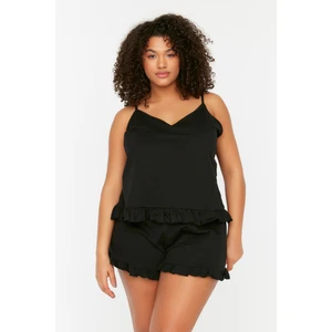 Trendyol Curve Black Strap Ruffle Detailed Knitted Pajamas Set