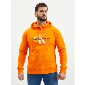 Bavlnená mikina Calvin Klein Jeans pánska, oranžová farba, s kapucňou, s nášivkou