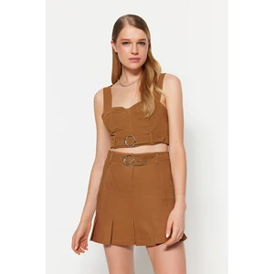 Trendyol Brown Belted Crop Woven Cotton Blouse