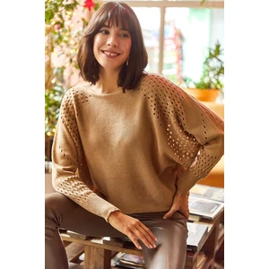 Olalook Women's Camel Openwork Bat Oversize Knitwear Sweater