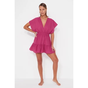 Trendyol Fuchsia Mini Weave V-necked 100% Cotton Beach Dress