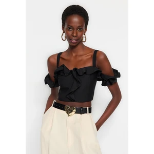 Trendyol Black Crop Lined Woven Ruffle Bustier