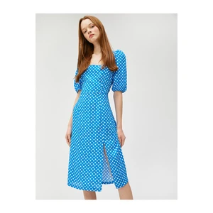 Koton Polka Dot Midi Dress Square Neck Balloon Sleeves Slit