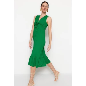 Trendyol Green V-neck A-Line Midi Knitted Dress
