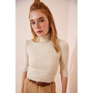 Happiness İstanbul Women's Cream Turtleneck Knitwear Crop Sweater