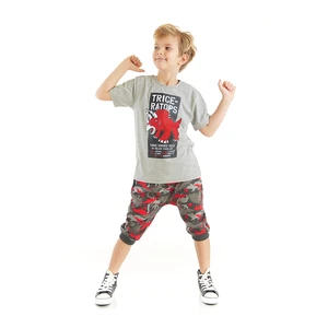 Mushi Triceratops Boys' Gray T-shirt Camouflage Shorts Capri Summer Suit.