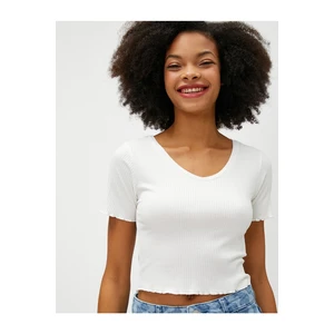 Koton Crop T-Shirt V-Neck Short Sleeve Ribbed