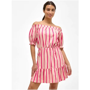 Pink striped linen dress with exposed shoulders ORSAY - Women