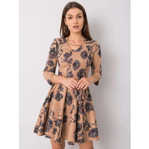 Beige and gray floral dress with a belt